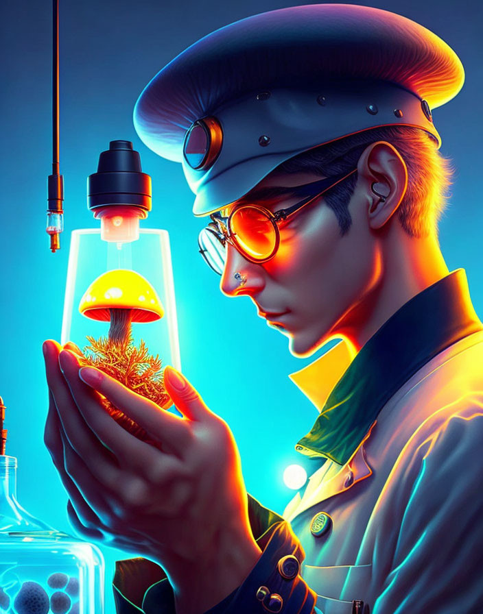 Illustration of person in uniform with peaked cap holding glowing flask surrounded by vibrant lighting