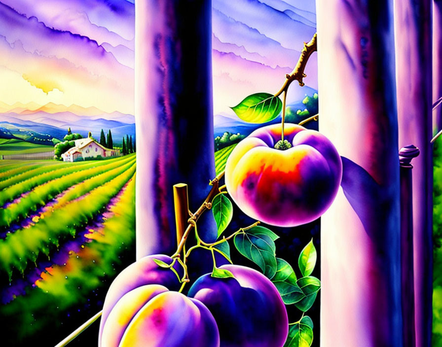 Colorful painting of plump purple peaches on branch with surreal landscape at sunset