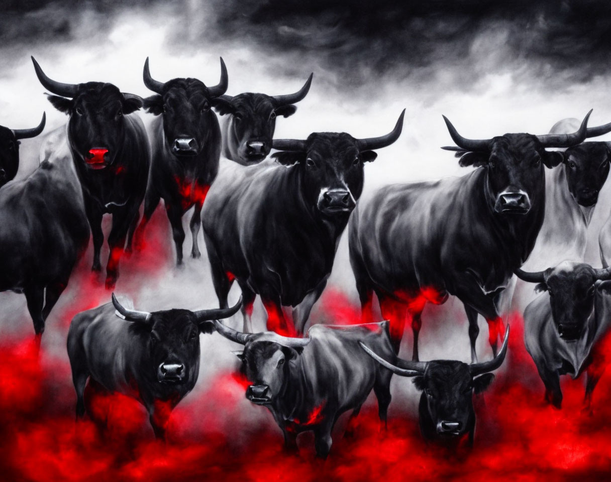 Black bulls with glowing red eyes in misty red and black background