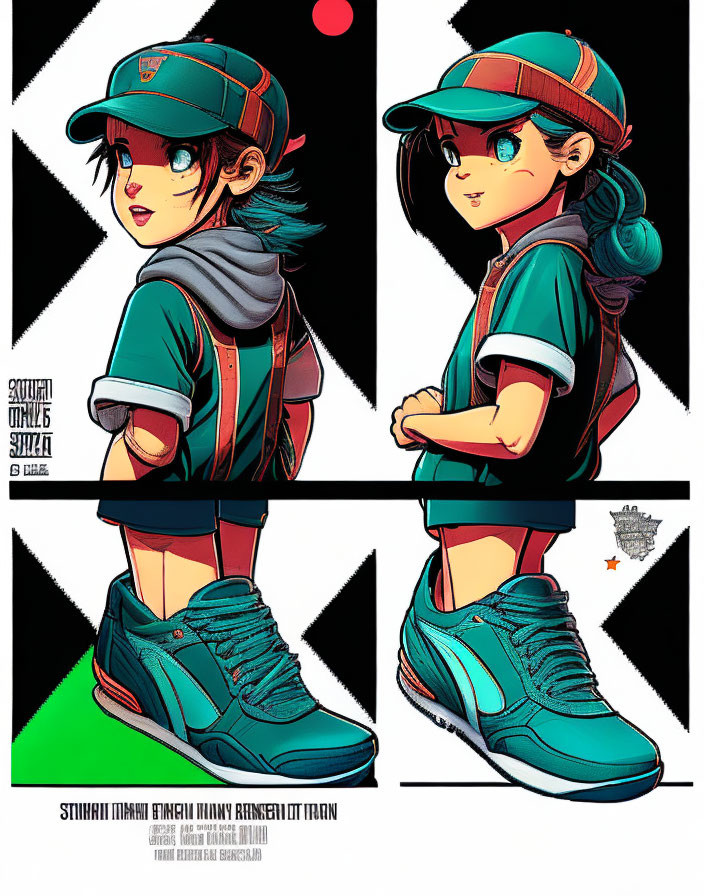 Colorful Side and Back Profile Art with Cap and Sneakers on Dark Background