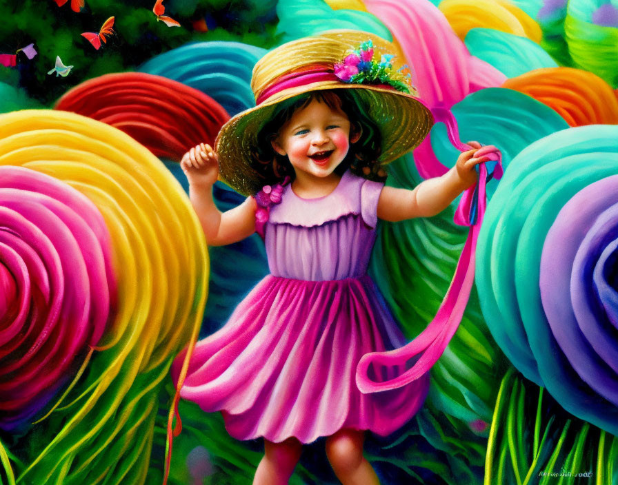 Colorful Toddler in Purple Dress with Lollipops and Hat