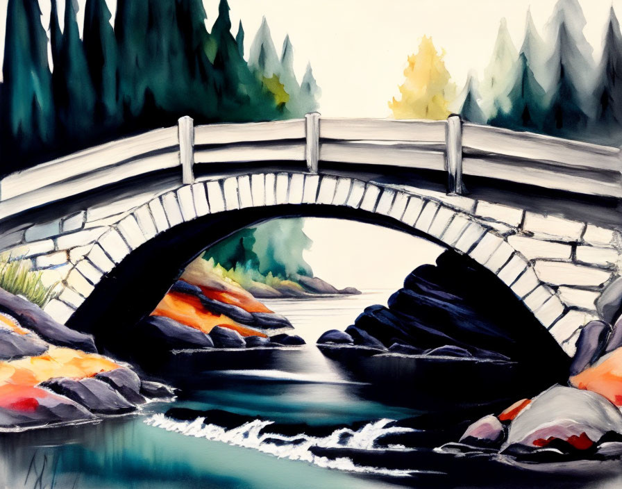 Serene river with stone bridge and autumn trees