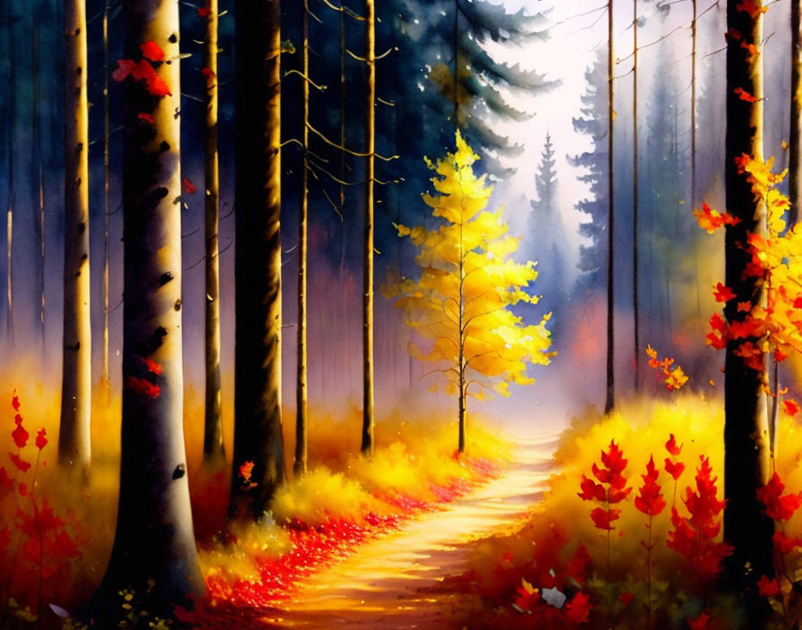 Colorful Autumn Forest Path Painting with Sunlight Filtering Through