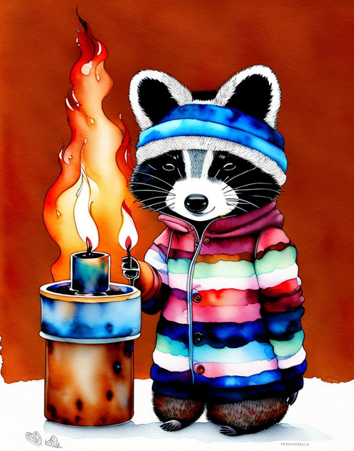 Colorful Striped Jacket Raccoon Lighting Candle on Rustic Tin Can