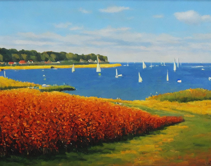 Colorful seascape painting with sailboats, orange shrub, and clear sky