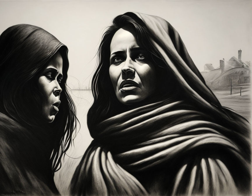 Two women in shawls with concerned gaze against industrial backdrop