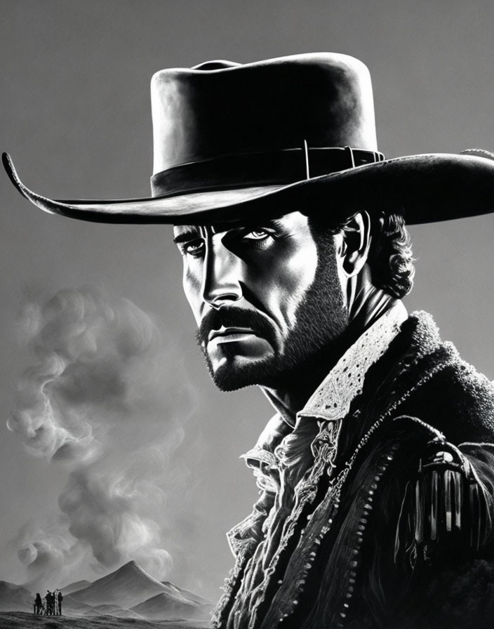 Monochrome cowboy artwork with small figures and smoke, evoking a classic Western theme