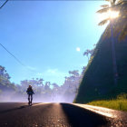 Skateboarder and motorbike rider on idyllic road with sunbeams