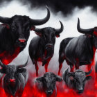 Black bulls with glowing red eyes in misty red and black background