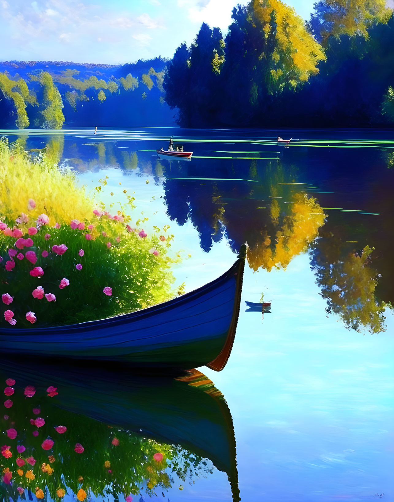 Tranquil blue boat with pink flowers on calm lake shore