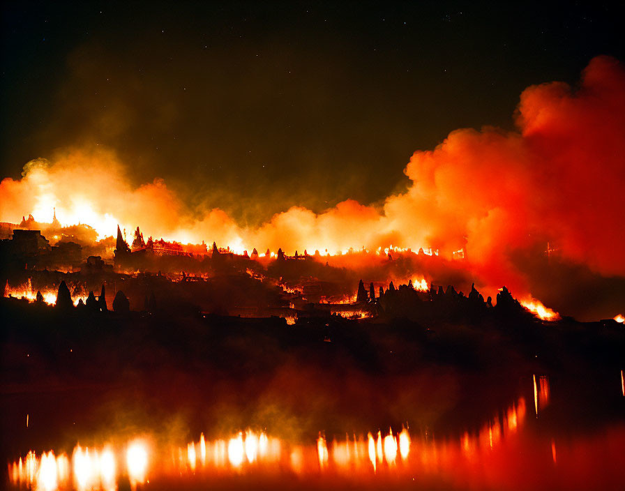 Nocturnal landscape with raging wildfire and starry sky