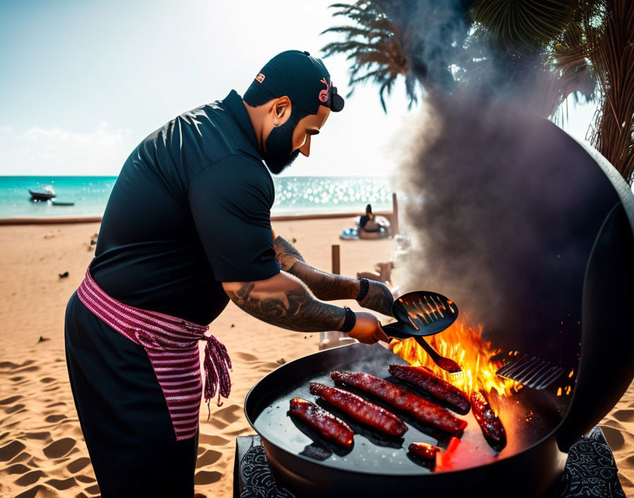 Man grilling hot dogs on beach with blue sky & sea
