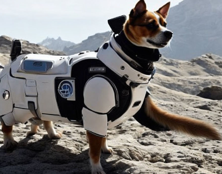 Dog in astronaut costume against rocky terrain & mountains