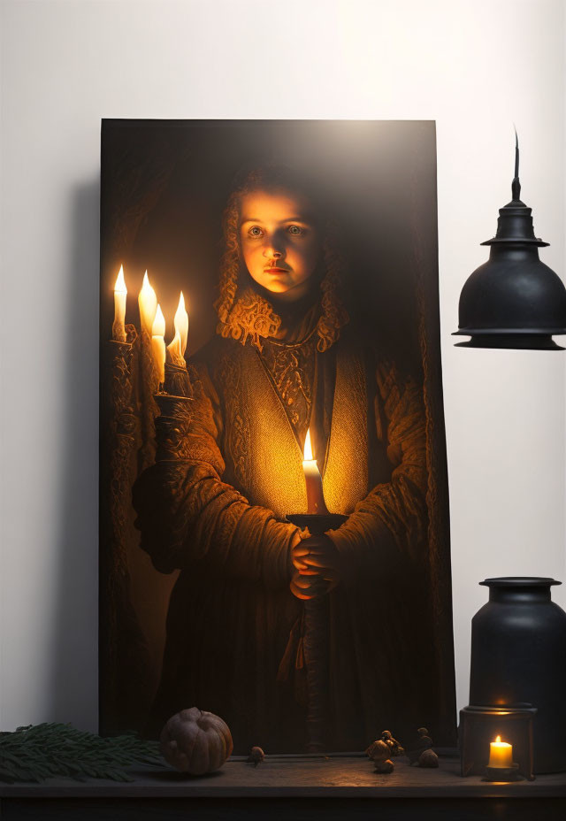 Victorian woman holding candles in dark room with lantern and autumn decor