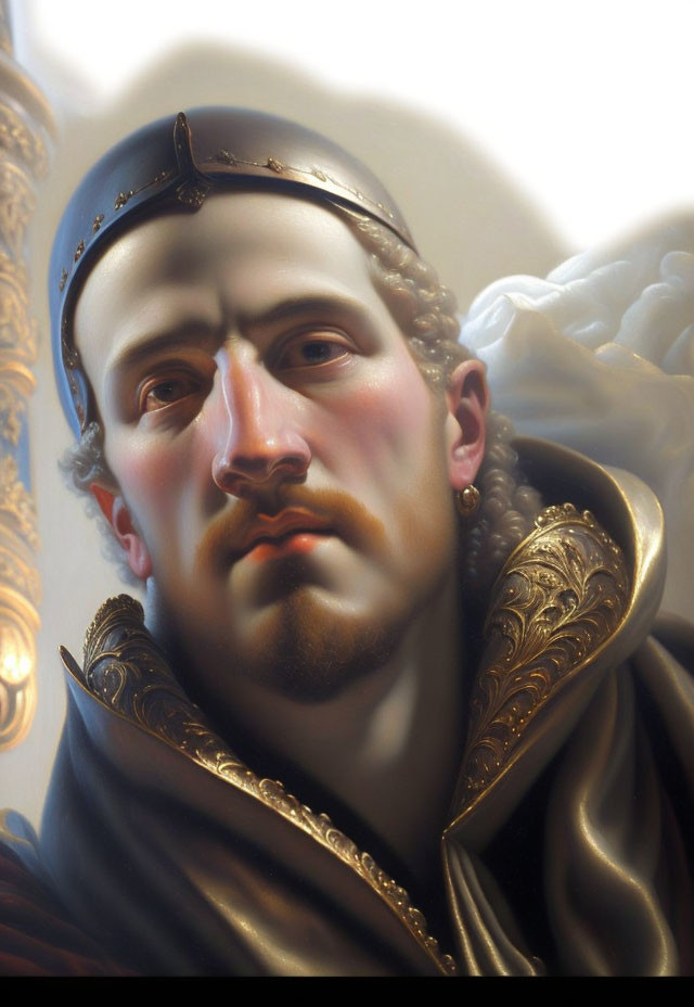 Digital painting of man in solemn expression with black and gold-trimmed cloak