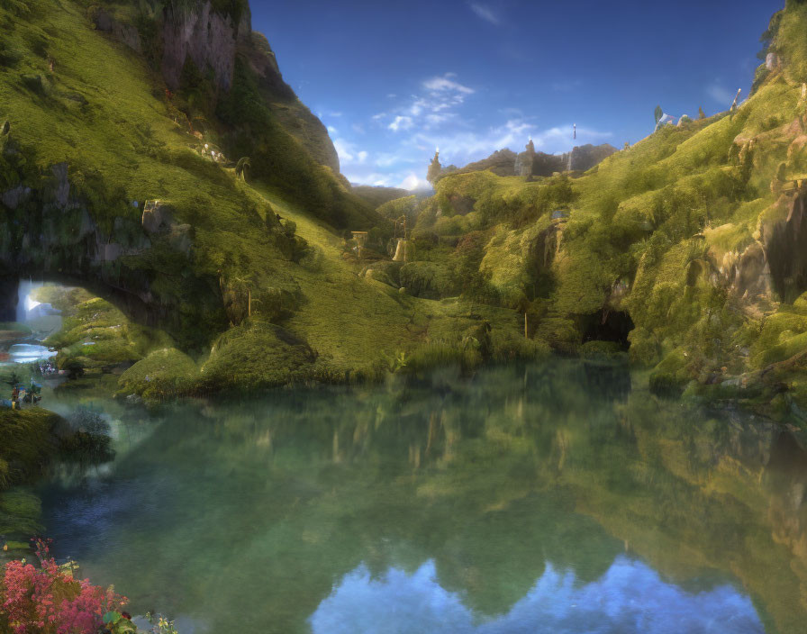 Tranquil landscape with green hills, waterfalls, clear lake, and lush flora