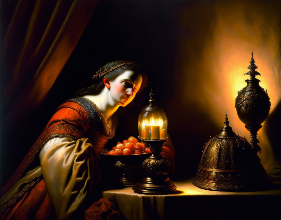 Woman in Red Dress with Candle and Fruit Bowl in Golden Light