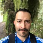 Portrait of man with stern expression, long mustache, goatee, and blue shirt against stone background