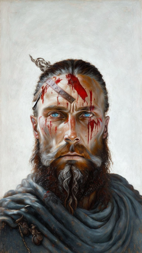 Bearded man with braided hair and blood streaks, intense stare, rustic cloak with brooch