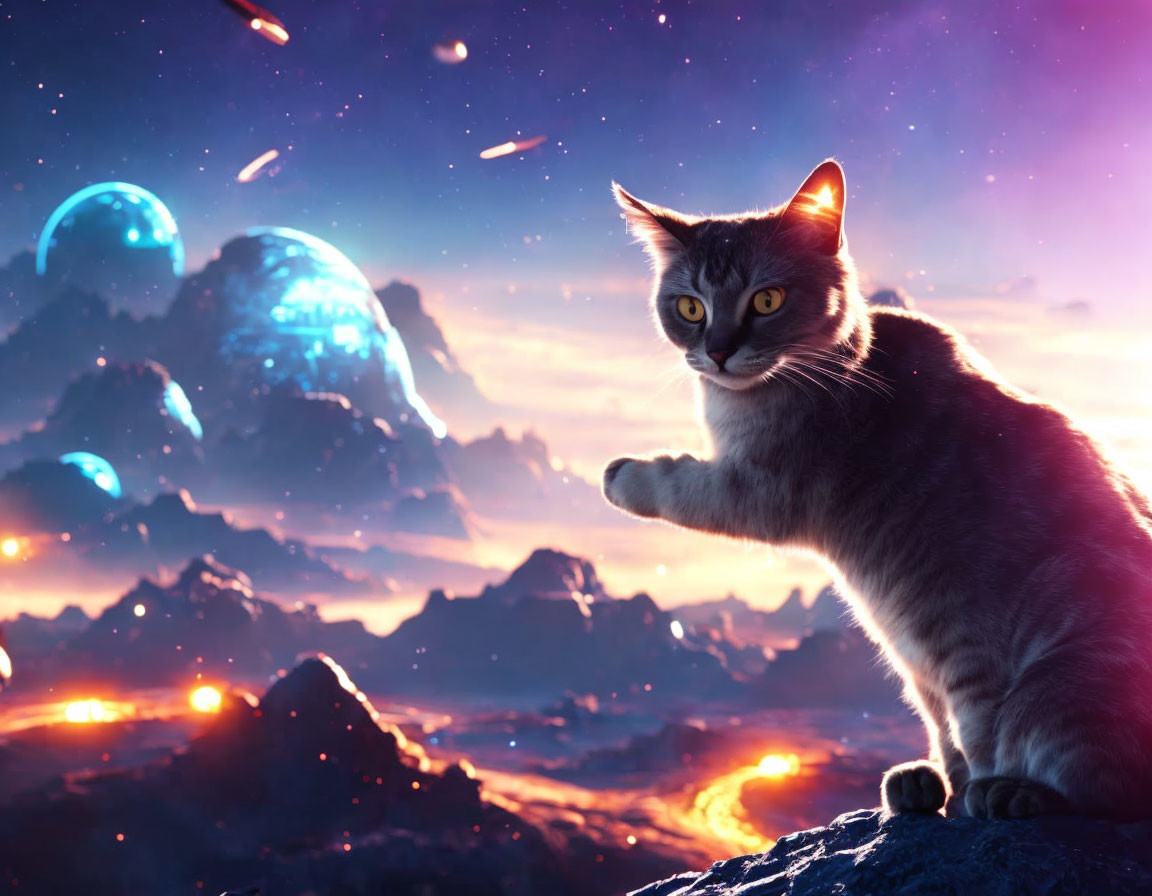 Cat sitting on rock with cosmic landscape background