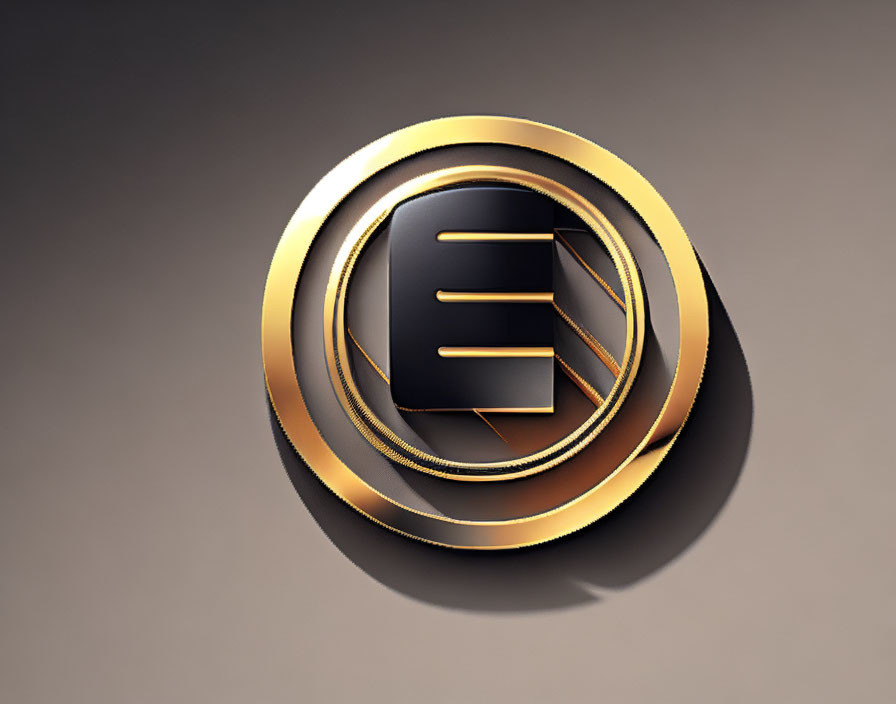 Stylized metallic letter E in golden circular frame on muted background