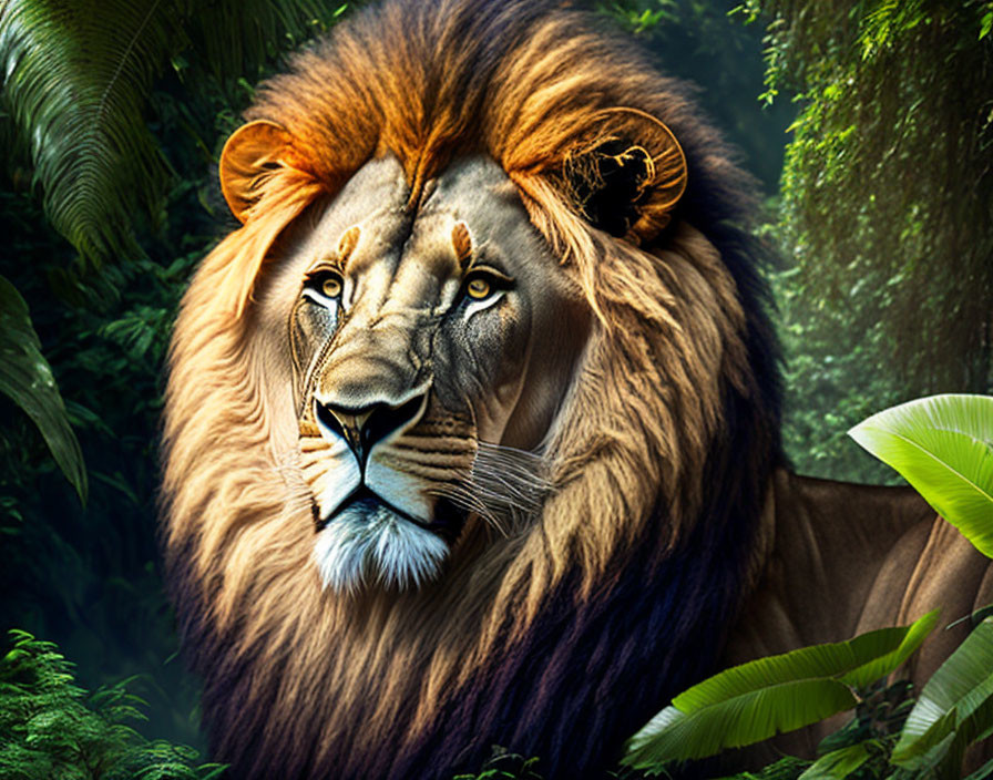 Majestic lion with full mane in lush jungle setting