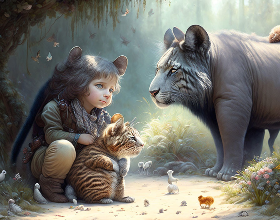 Child with animal features in forest with lion, cat, and birds under soft light