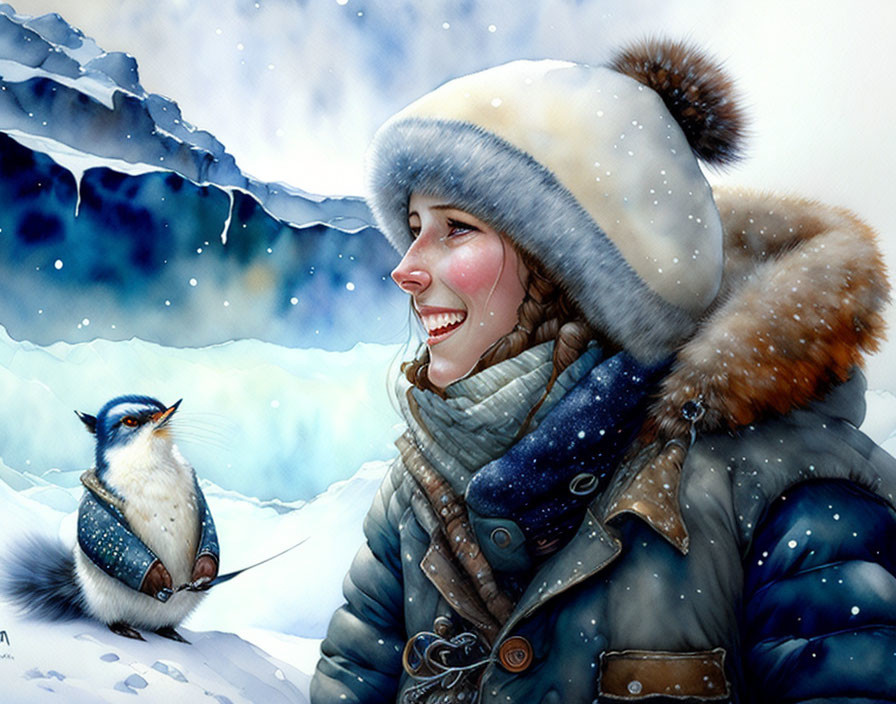 Smiling woman in winter attire with bird on snow in snowy landscape