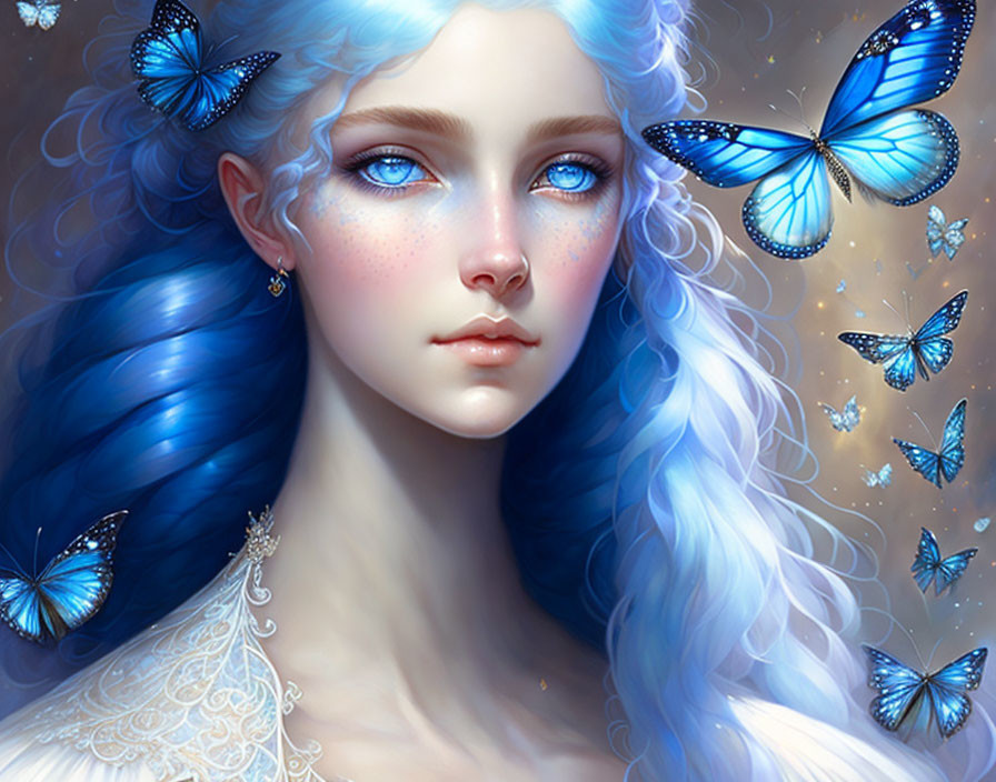 Digital illustration: Woman with blue wavy hair and bright blue eyes surrounded by blue butterflies on starry