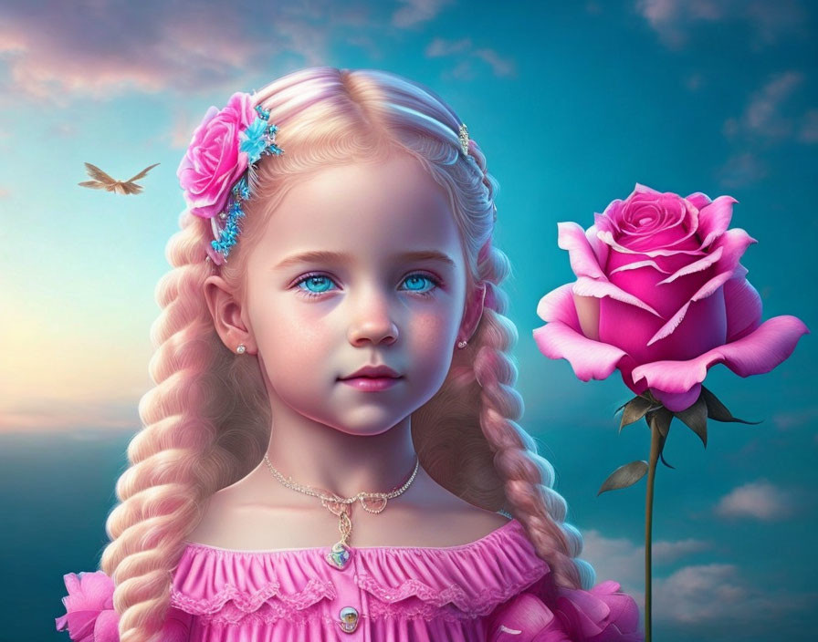 Young girl digital art: blue-eyed, braided hair, pink rose, butterfly, sky-blue background