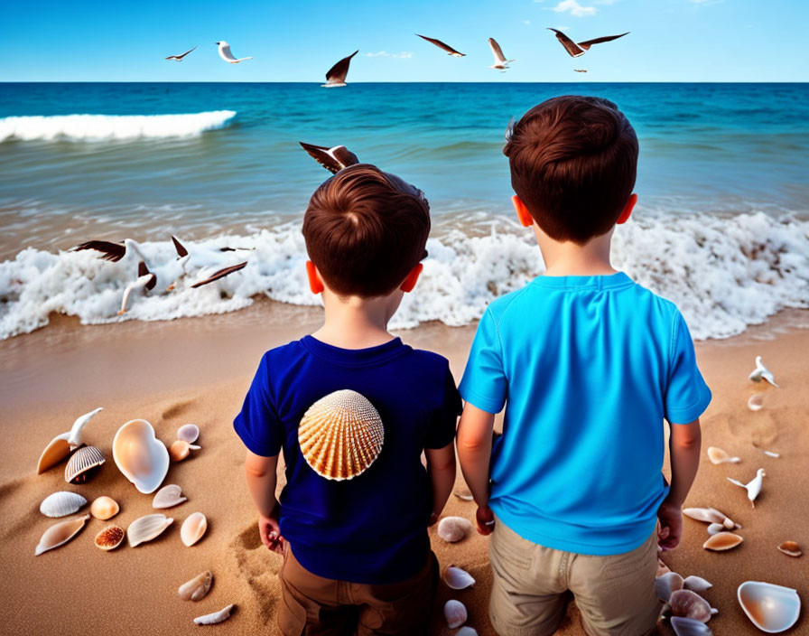 Two Boys on Sandy Beach Watching Seagulls and Seashells