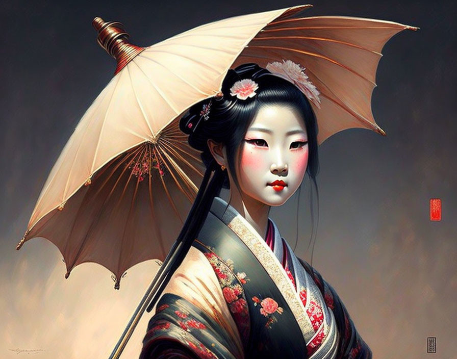 Digital art of a geisha with open parasol, traditional makeup, floral hairstyle & kimono