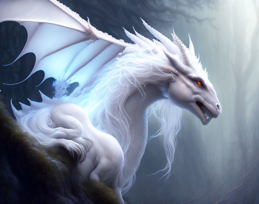 White Dragon with Red Eyes Perched on Misty Forest Cliff