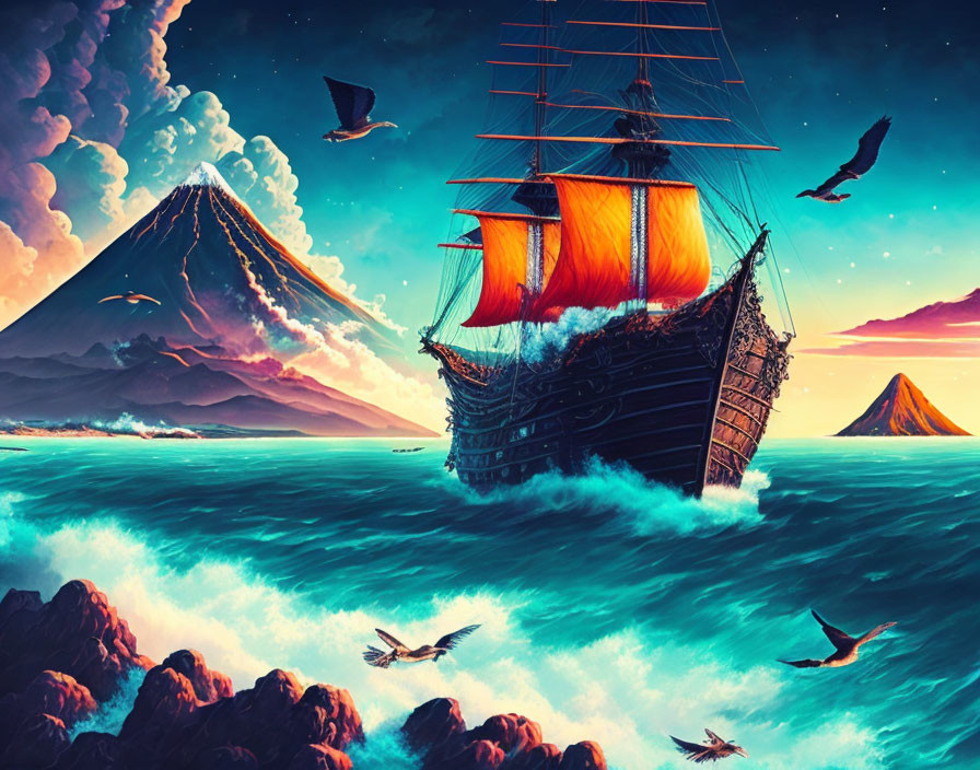 Vivid Seascape: Old Ship, Orange Sails, Birds, Volcanoes