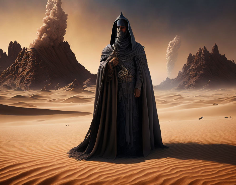 Cloaked Figure in Desert with Sand Dunes and Smoke Pillars