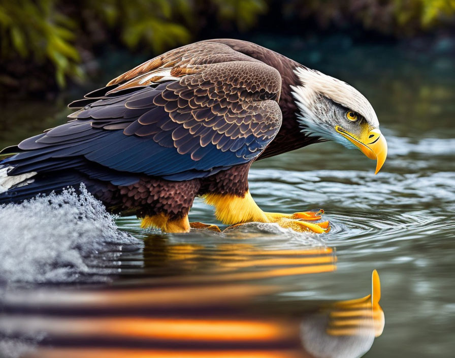 Bald eagle standing in water with ruffled feathers