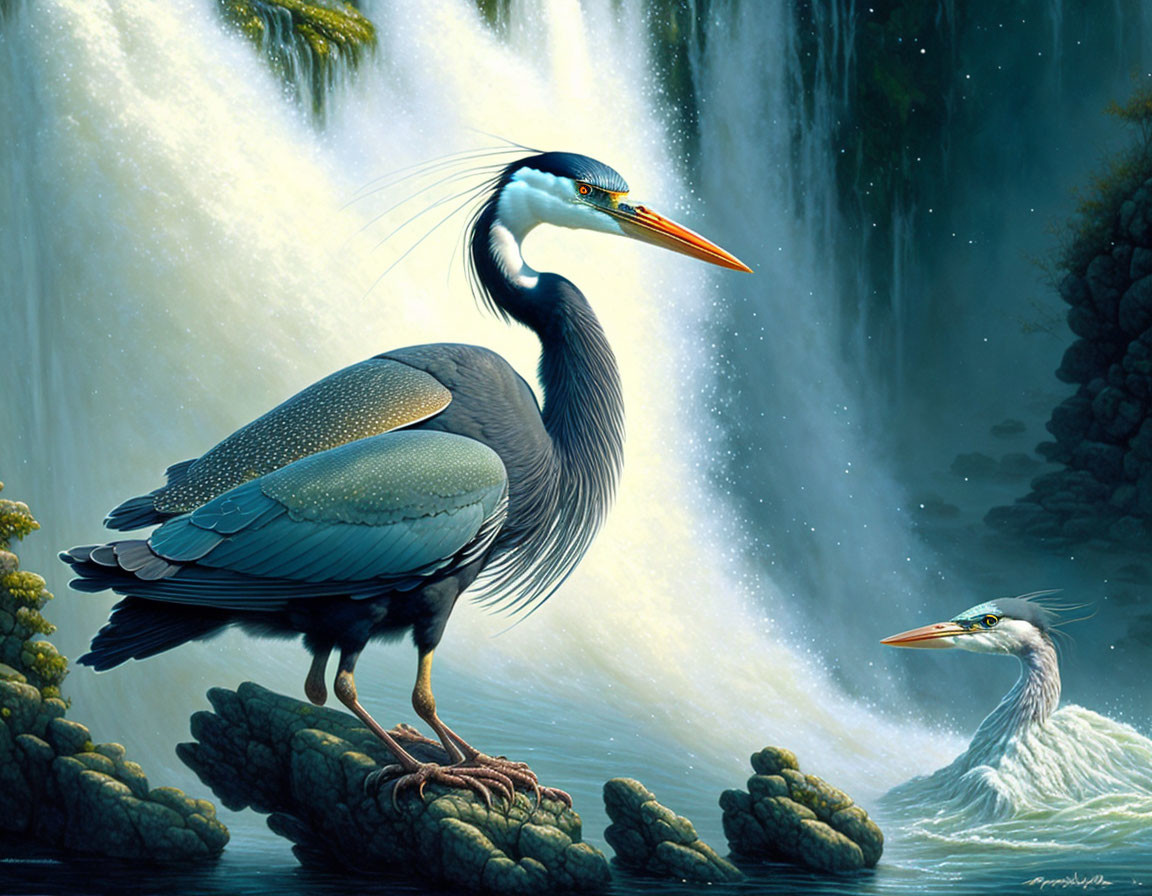 Realistic digital artwork featuring two herons by a waterfall