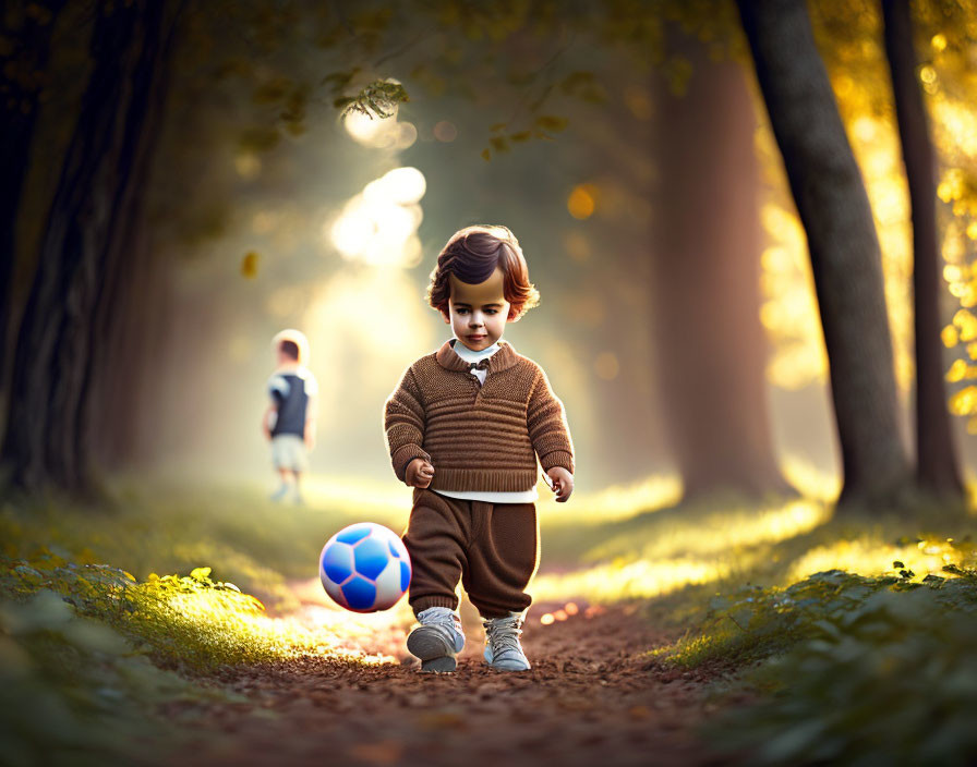 Toddler in sweater plays soccer in forest with another child