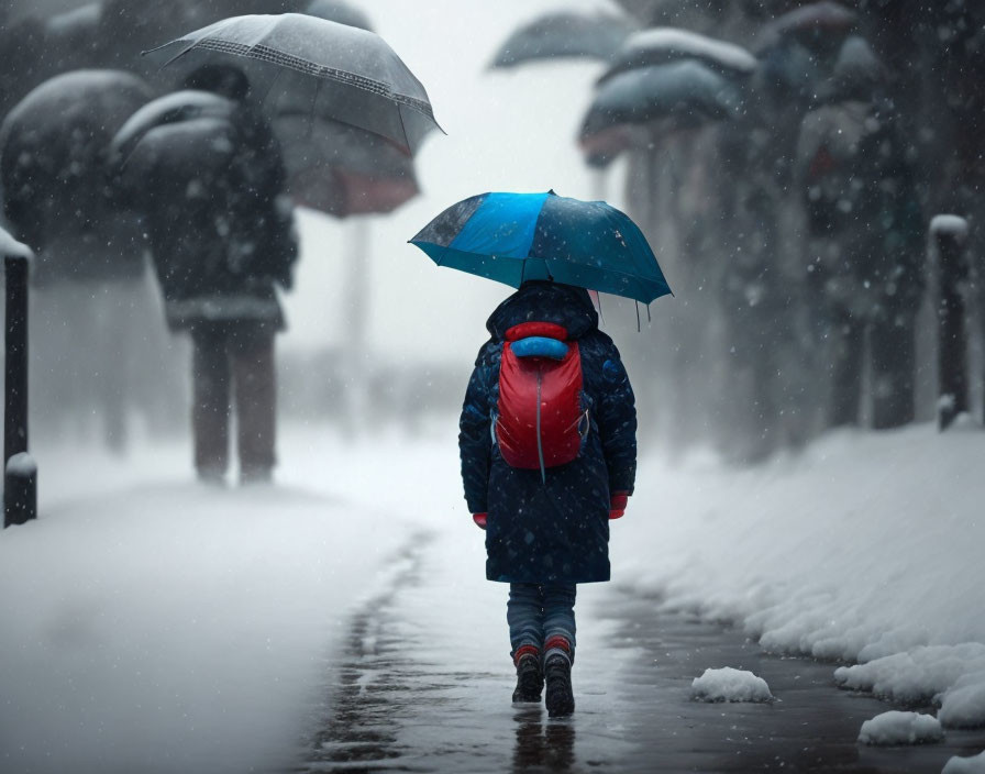 Child with blue umbrella and red backpack on snowy path with others and umbrellas