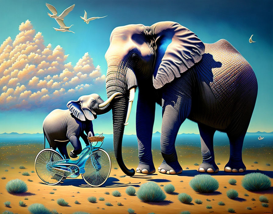 Whimsical painting: Small elephant on bicycle with larger elephant, vibrant skies & surreal elements