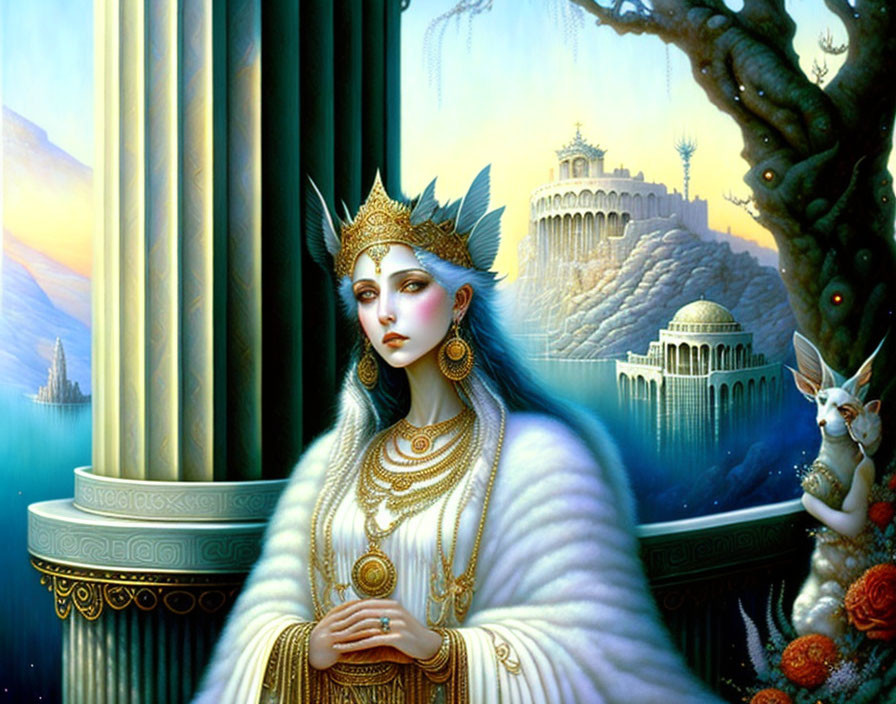 Regal woman in gold crown and jewelry with fur cloak, classical building, tree, and rabbit-like