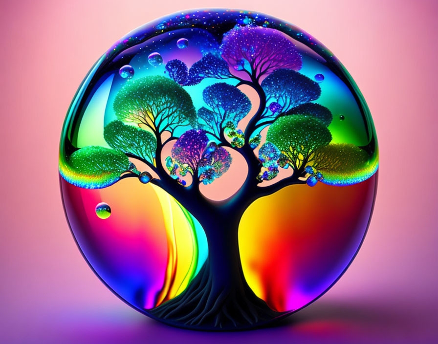 Colorful Tree Artwork in Reflective Bubble on Pink Purple Background