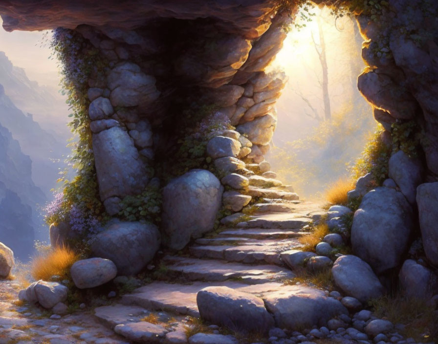 Tranquil pathway with stone arch in misty forest