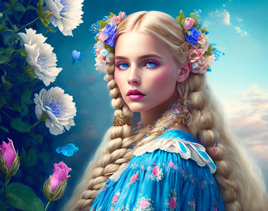 Digital artwork featuring fair-skinned woman with blond braids, blue eyes, surrounded by floral decor.