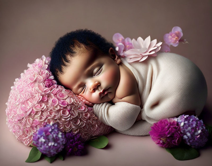 Newborn sleeping on pink floral pillow with purple flowers on beige backdrop