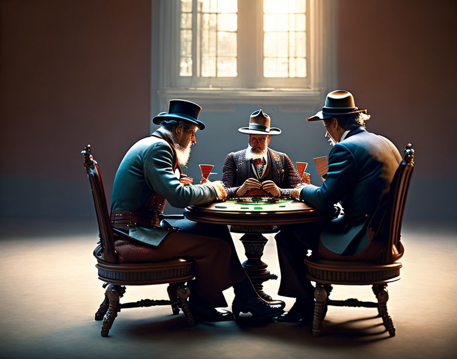 Vintage Clothing Poker Game in Dimly Lit Room