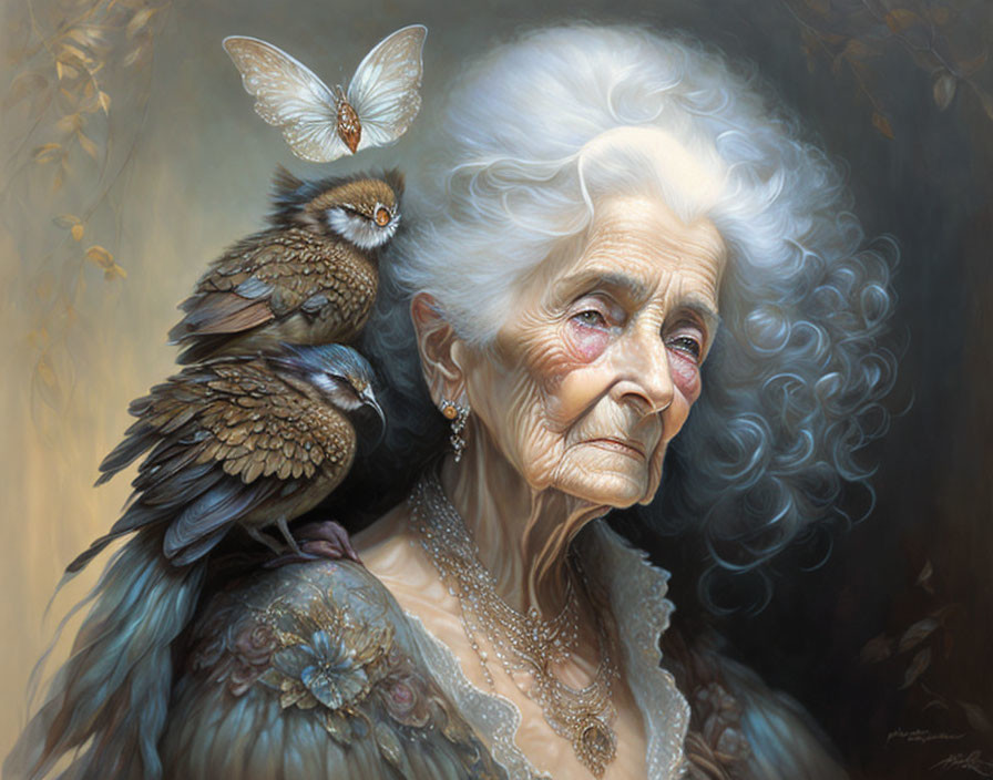 Elderly woman with white hair, owl, and butterfly in serene setting