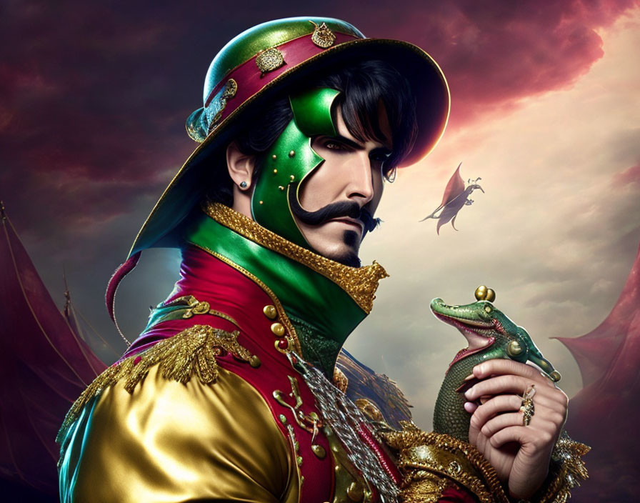 Man in green and gold costume holding small dragon in regal fantasy portrait