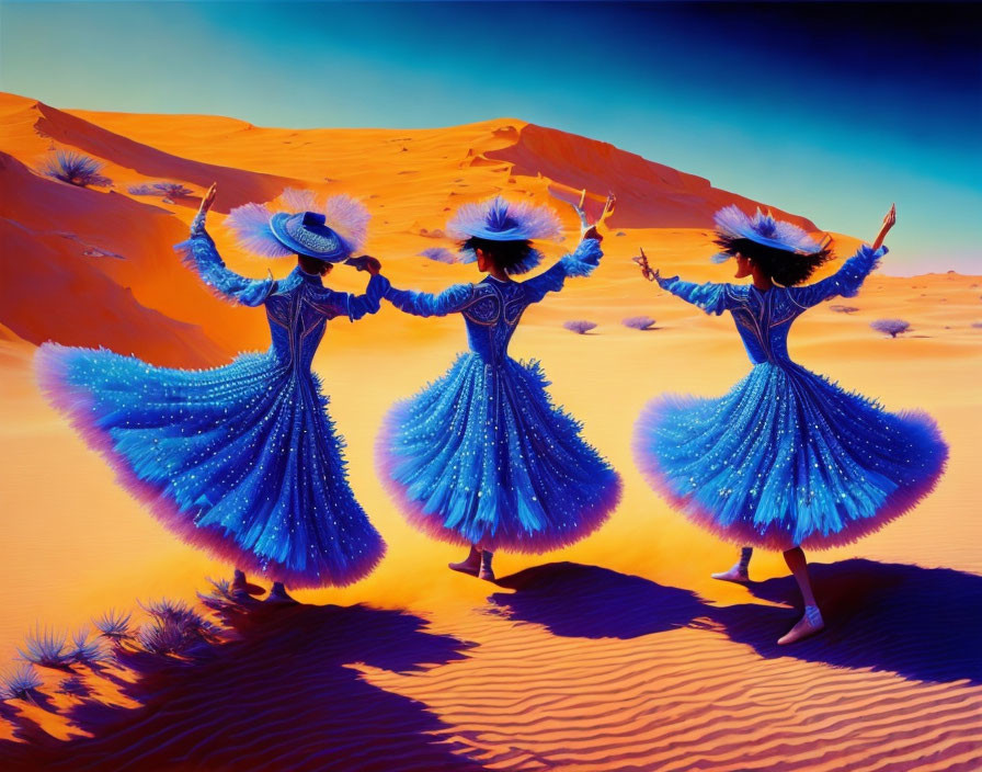 Three women in vibrant blue dresses and wide-brimmed hats dancing on orange desert dunes under a