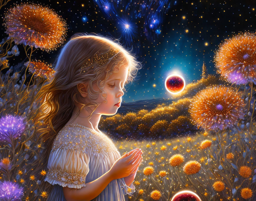 Blonde girl with glowing dandelions and luminescent orb at night